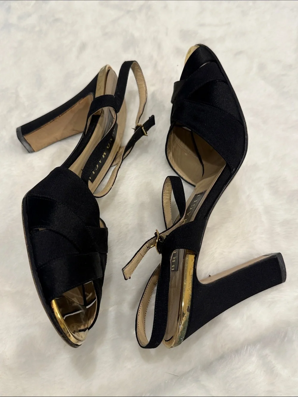 Bruno Magli Black Satin Crisscross Peep Toe Slingback Heels